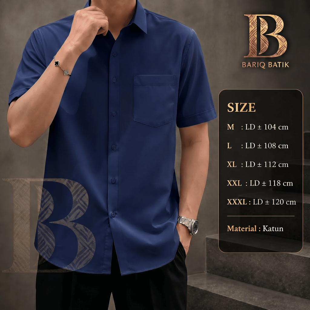 Bariq Batik  Hem Pria Polos Biru Lengan Pendek slimfit