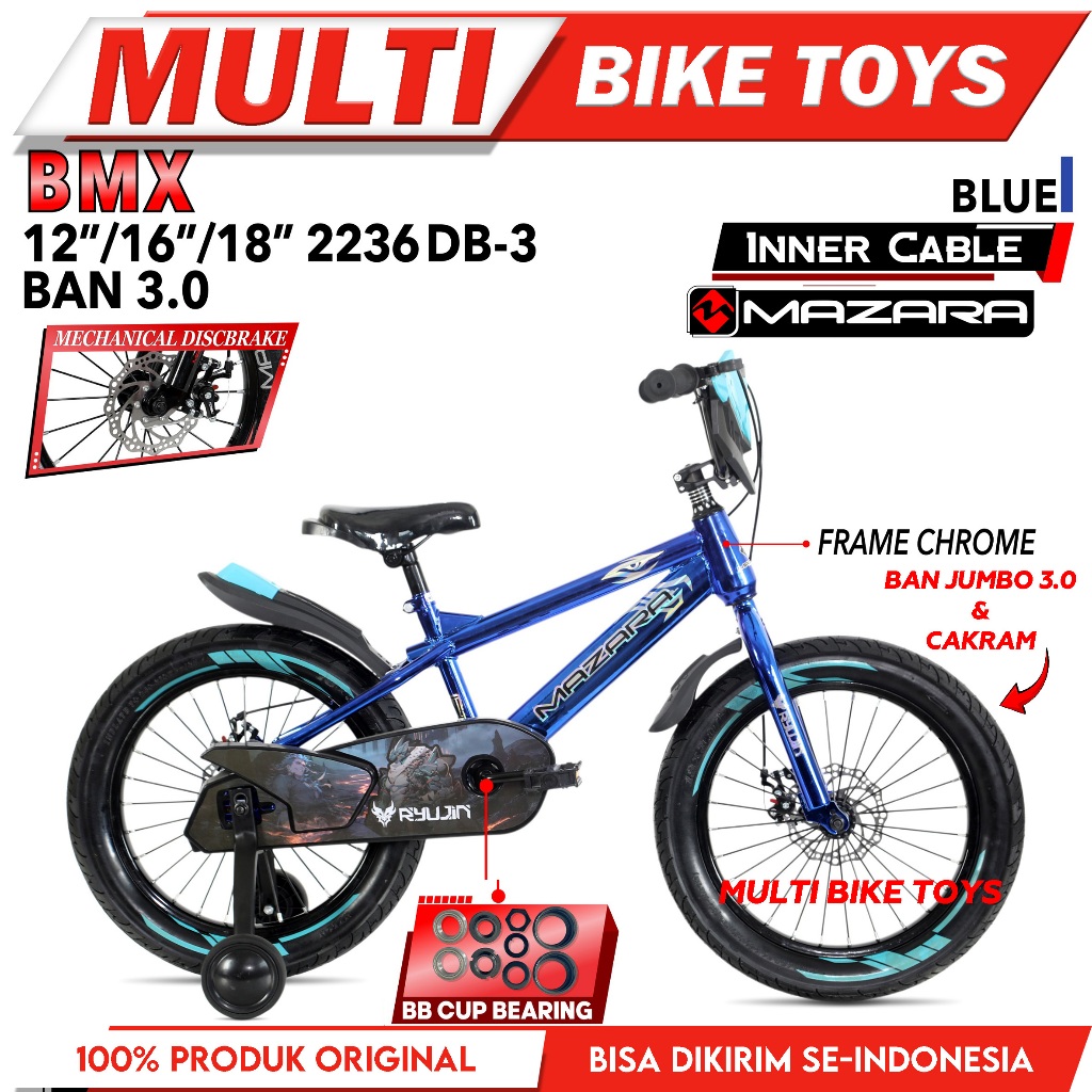 Sepeda anak laki laki BMX MAZARA 2236 Ban jumbo 3.0 REM DISC BRAKE frame chrome usia 3 - 9 Tahun