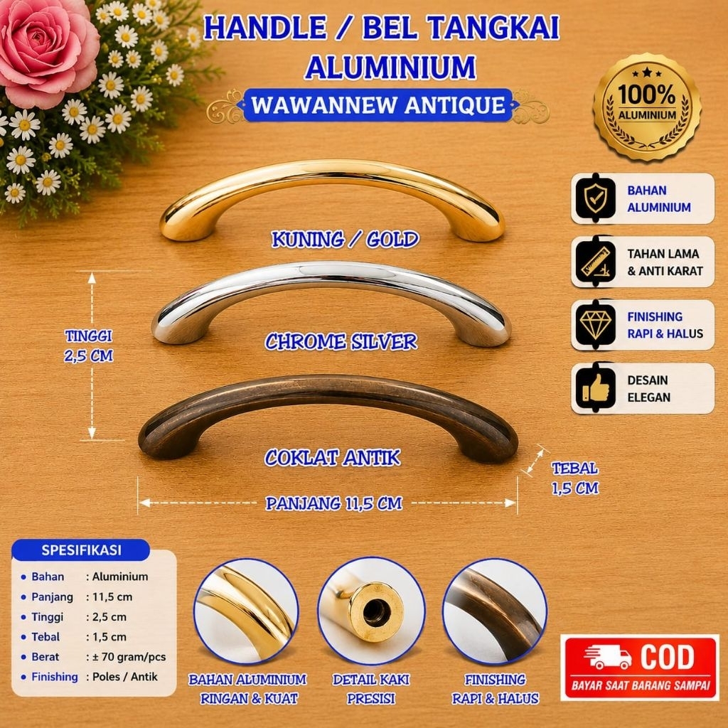 Handle / Tarikan Laci Gagang Lemari Jendela Rumah Aluminium Antik 11,5 cm