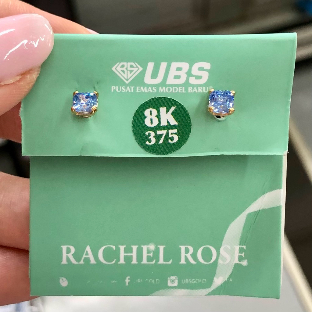 P5- GIWANG BIRU MUDA UBS 0.97GR KADAR 375 8K ULIR EMAS ANTING TUSUK RACHEL ROSE