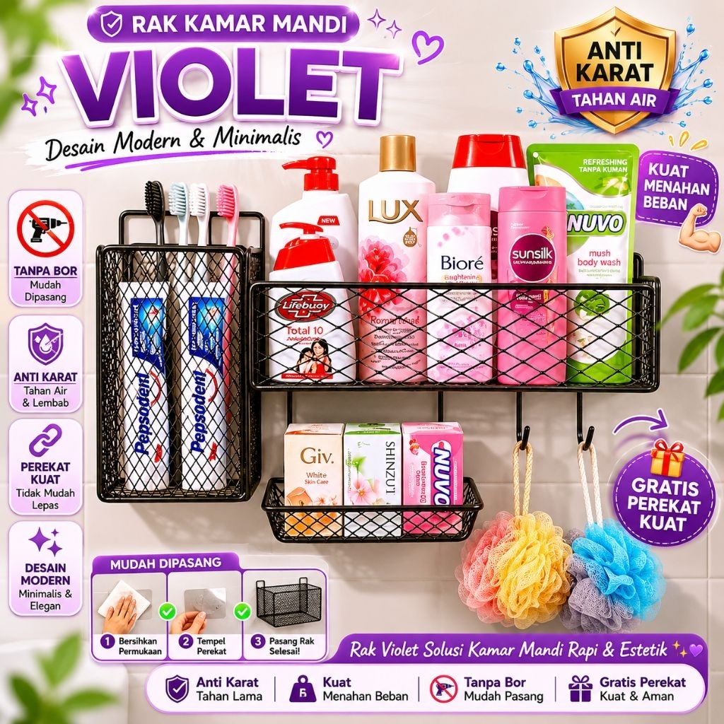 Rak Kamar Mandi Violet Anti Karat | Rak Shampoo Tempel Dinding Tanpa Bor | Organizer Kamar Mandi + G