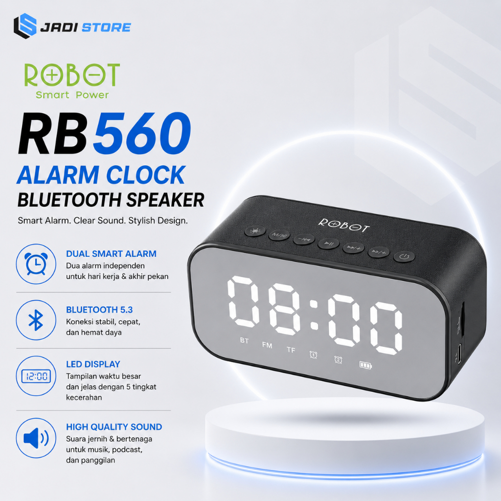 Robot RB560 Alarm Clock Bluetooth Speaker LED Display Jam Meja Digital Speaker Bluetooth Robot RB560