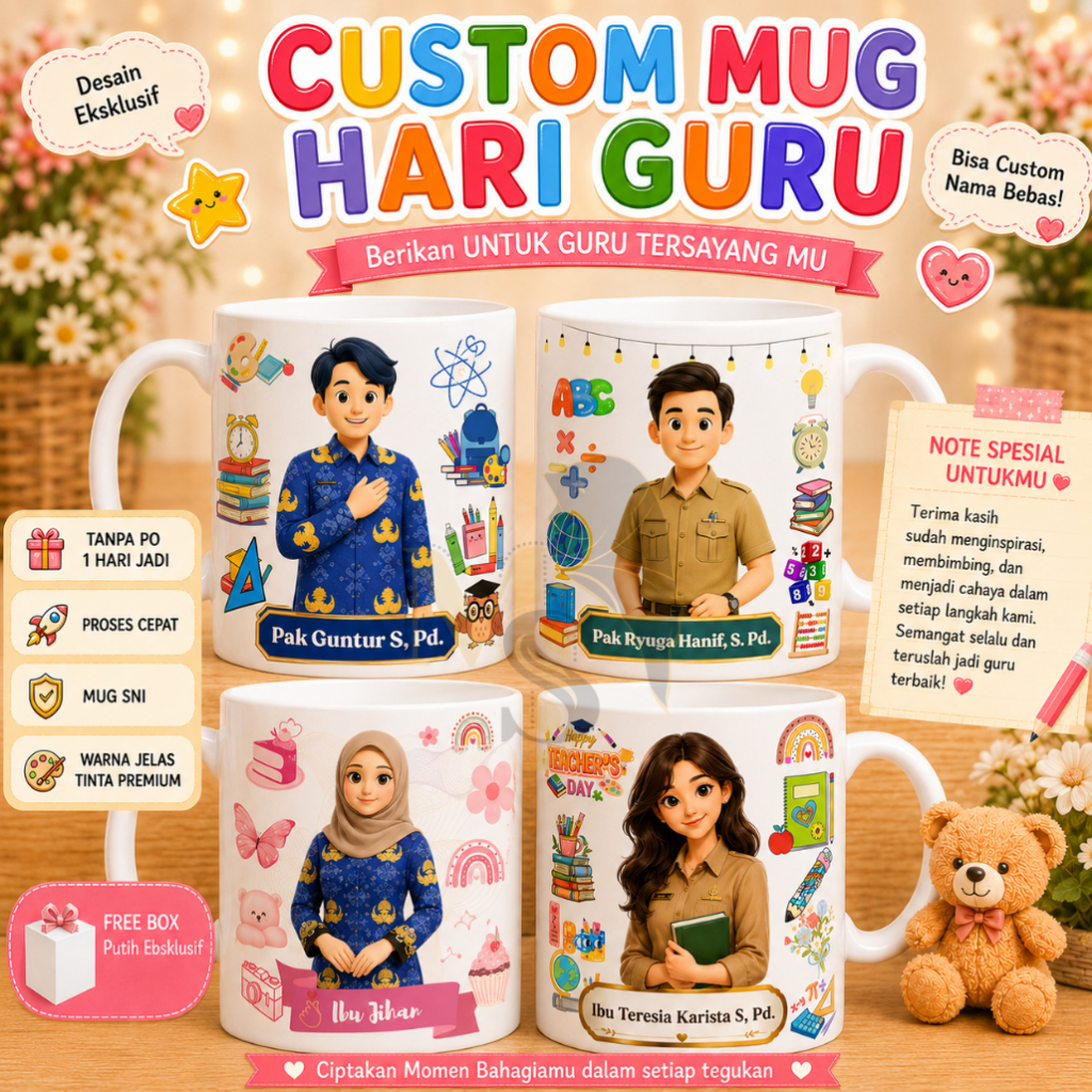 Mug Custom Tema Guru / Kado Guru / Hadiah Guru - terima kasih guru / MUG CUSTOM HARI GURU