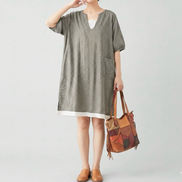 DRESS MIDI KATUN SHEER PREMIUM COKLAT ABU BUNGA RENDA V NECK OVERSIZE KOREA