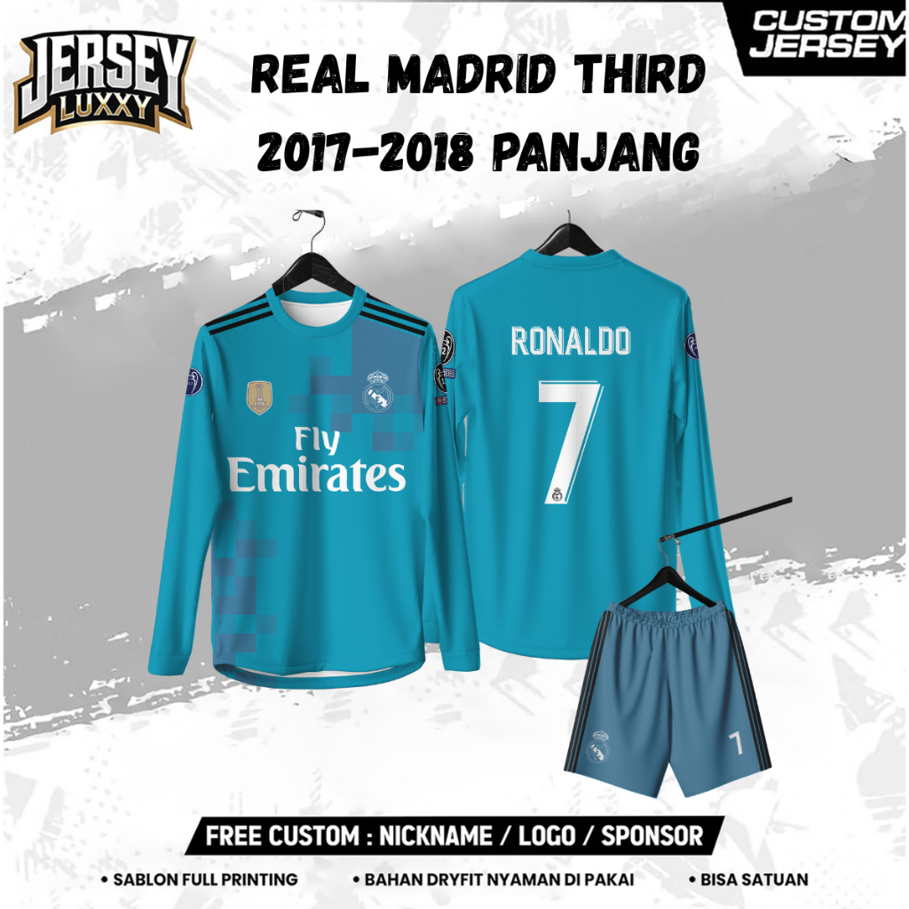 Jersey Bola REAL MADRID THIRD 2017-2018 PANJANG Free custom nama dan nomor untuk dewasa dan anak ana