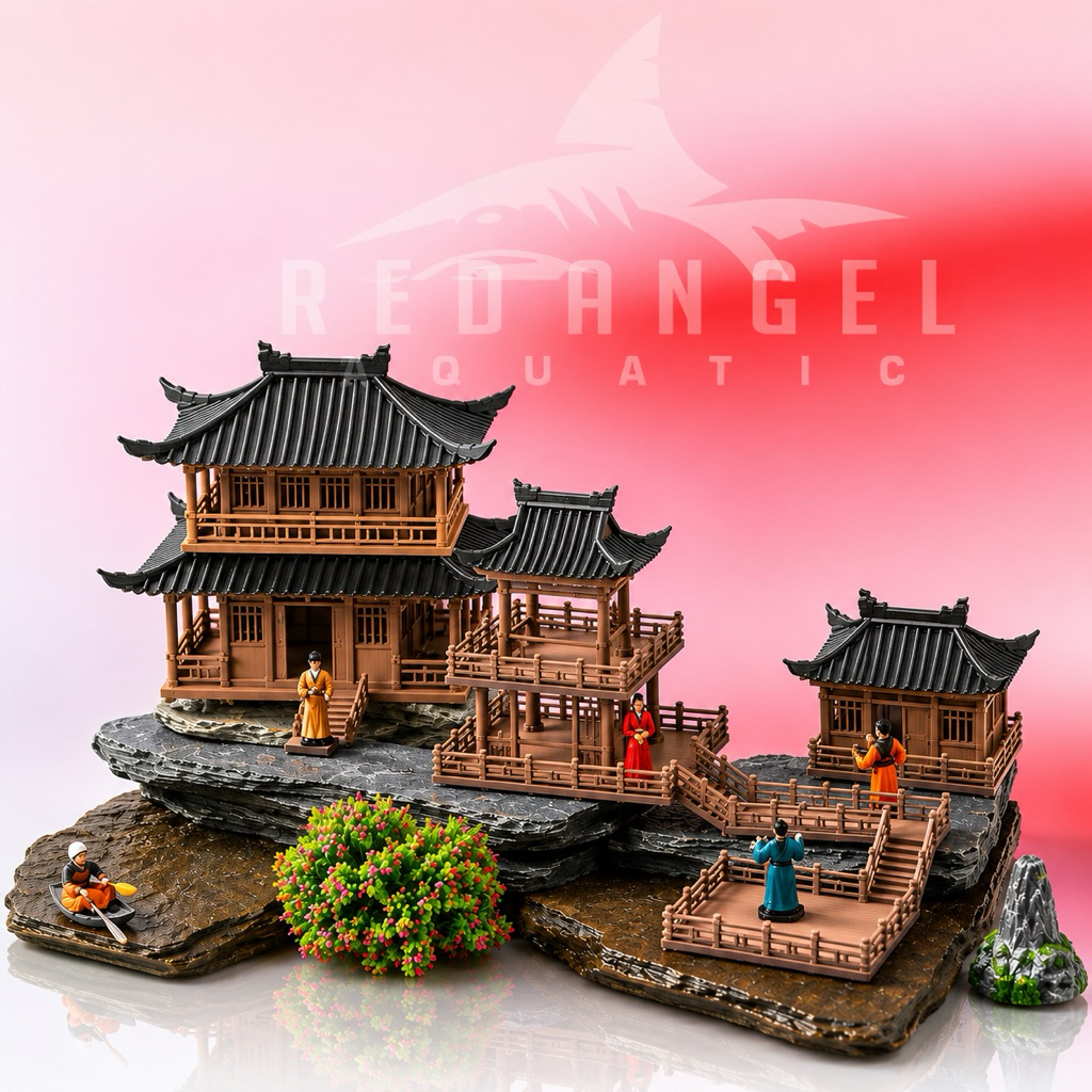 (full set) miniatur kuil gazebo rumah koridor tangga hiasan aquascape paludarium aquarium super real