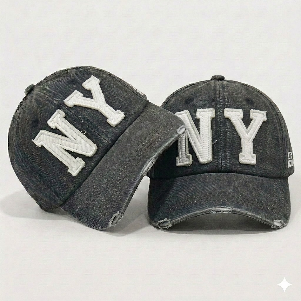 Topi Baseball Terbaru BlackWash Unisex || Topi Cap Denim NY Bordir Putih Model Sobek Motif Wash Deni