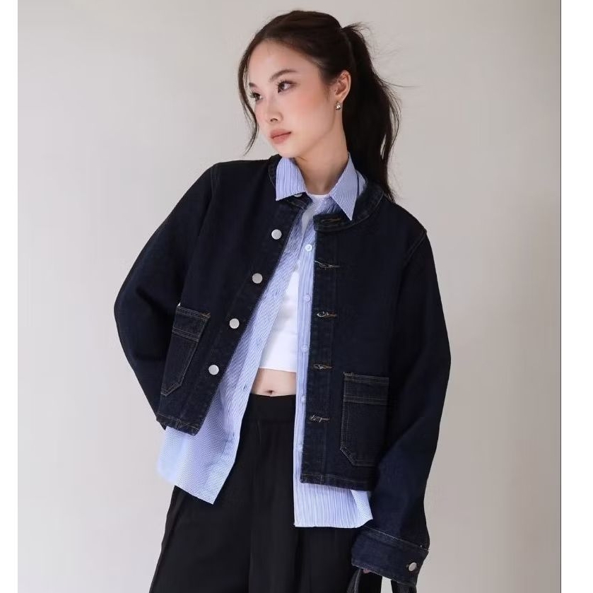 Marra Denim Top - Denim Jacket Boxy Crop - Outer Jeans Wanita Lengan Panjang