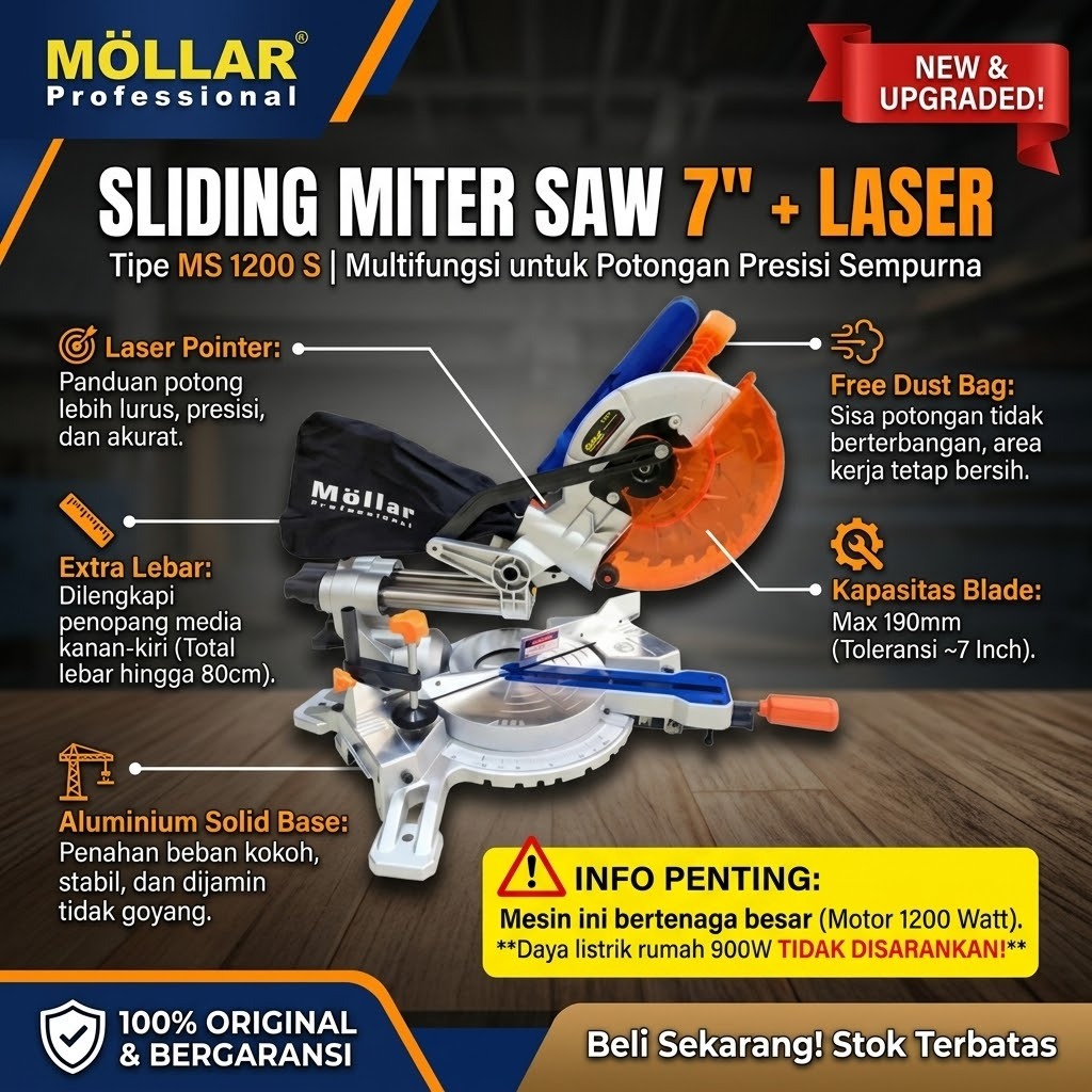 Mollar Mitter Saw Sliding 7 Inch Laser - Gergaji Pigura MS1200S
