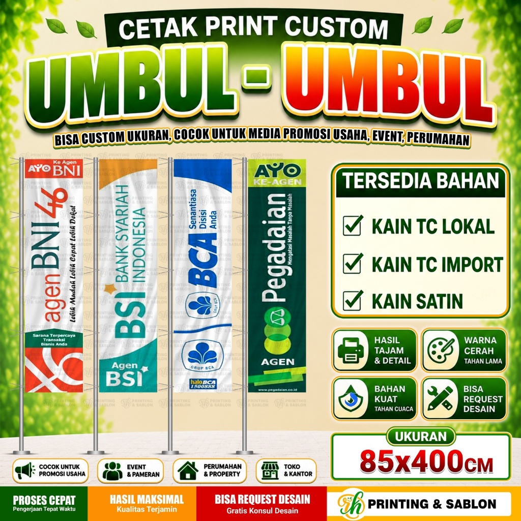 Jasa Cetak Umbul-Umbul Kain Custom Full Color Murah Berkualitas | Uk.85x400cm |  Cocok Untuk Promosi