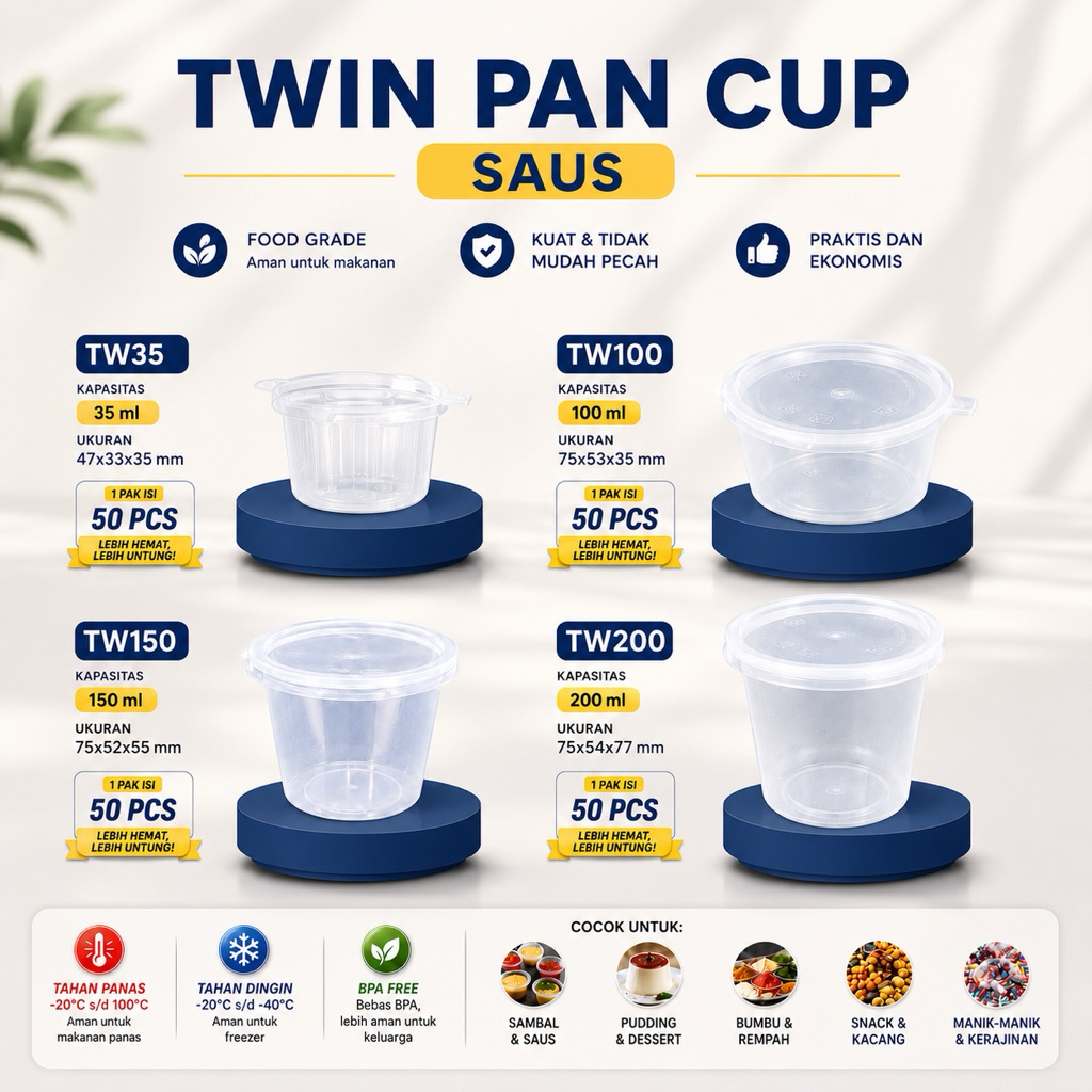 [50 pcs] Thinwall Cup Saus 35ml, 100ml, 150ml, 200ml / Cup Puding / Cup Selai Twin Pan