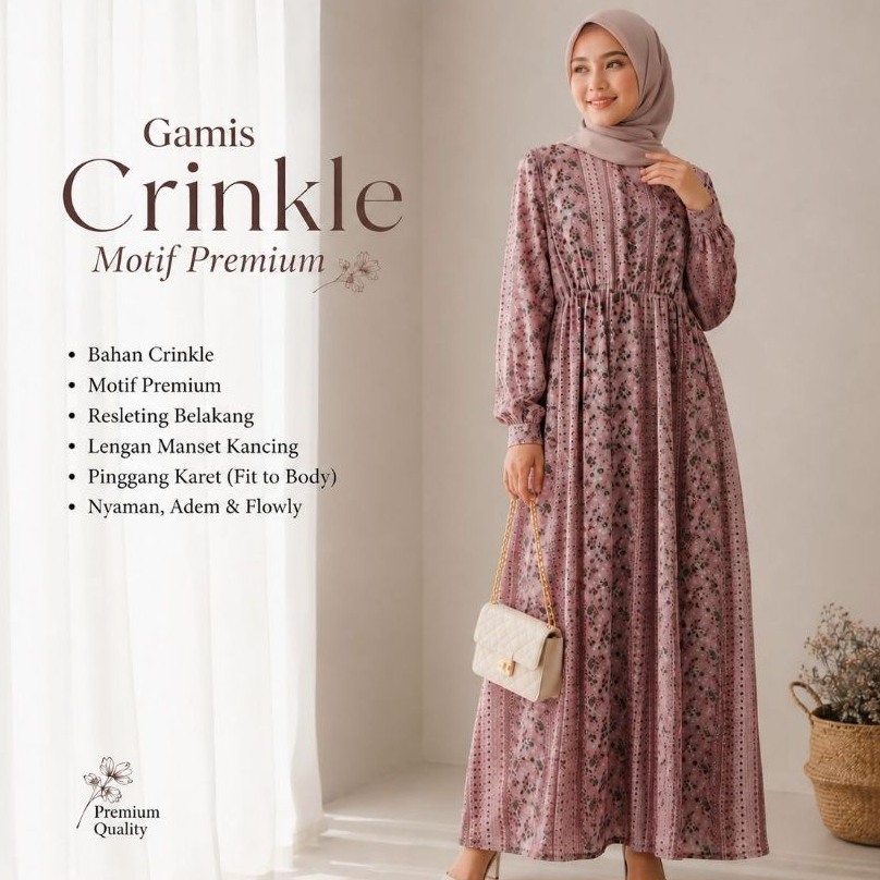 Gamis crinkle motif premium theRIZstore/gamis dewasa bunga/gamis simple