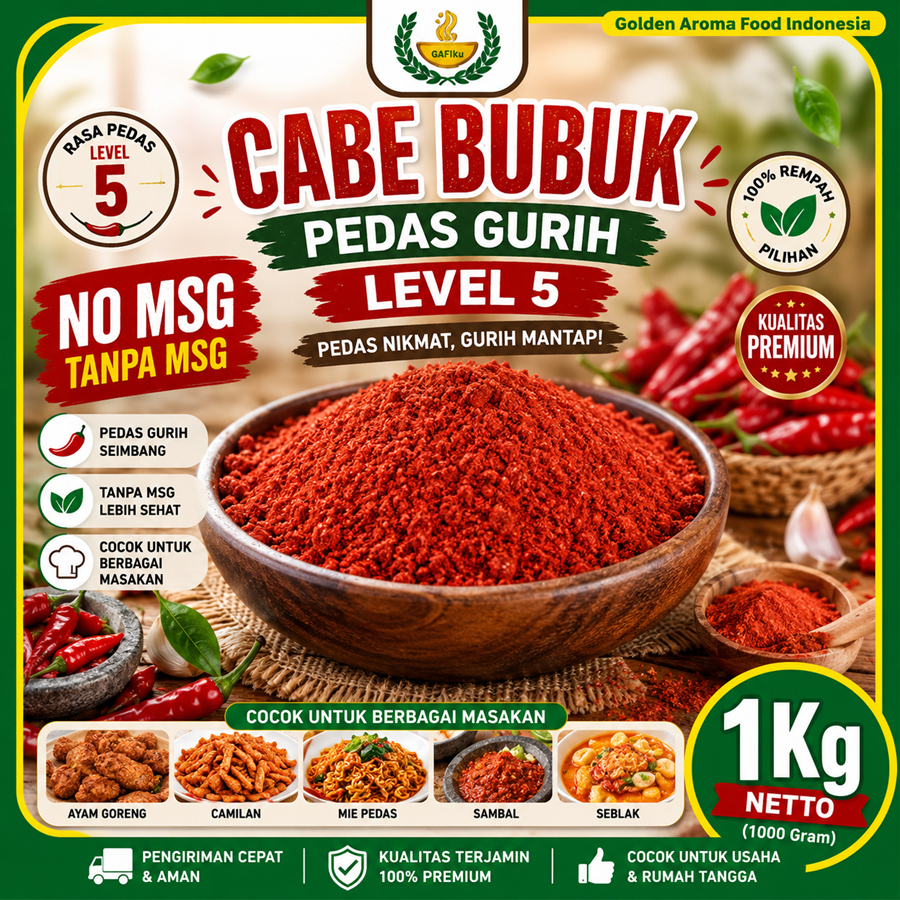 Cabe Bubuk Pedas Gurih Level 5 Non MSG 1Kg, Jual Bubuk Cabe Pedas Asin Gurih Level 5 Non MSG 1 Kg Ki
