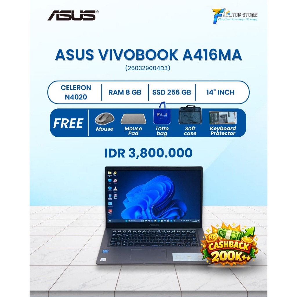 LAPTOP ASUS A416MA INTEL CELERON | RAM 8GB SSD 256GB | GARANSI RESMI 3 BULAN