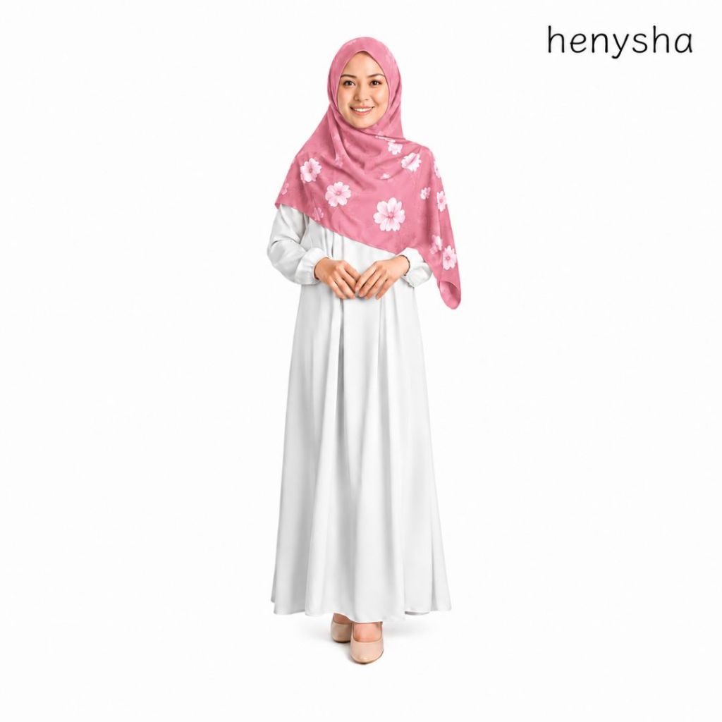 Henysha - Hijab Motif Segi Empat - Pink Bunga