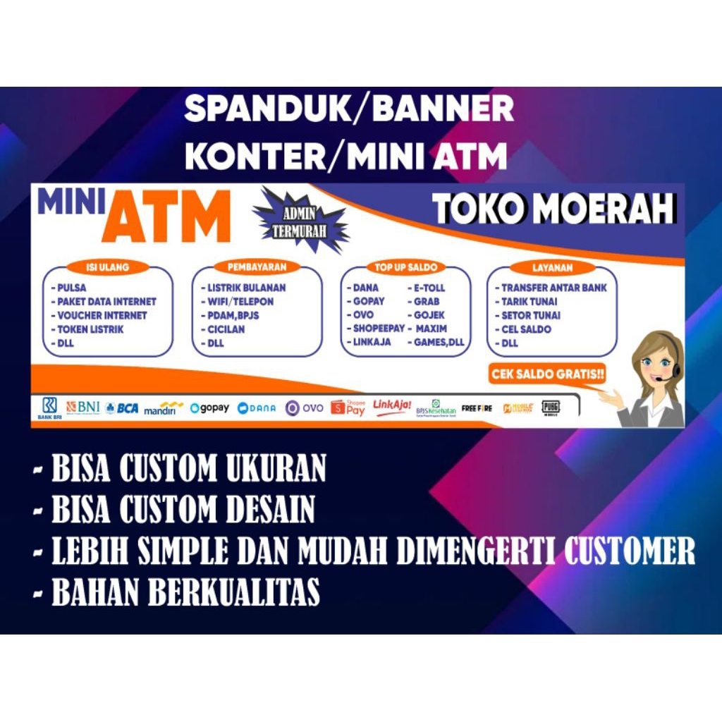 Spanduk/Banner Konter Pulsa/ATM Mini Backdrop Konter/MINI ATM Murahhh