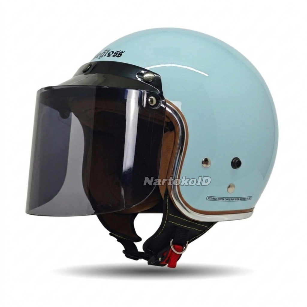 Helm Bogo Retro Dewasa List Chrome-Kaca Datar Iridium Hijau Mint Cewek Cowok Full Leher SNI  Motorcy