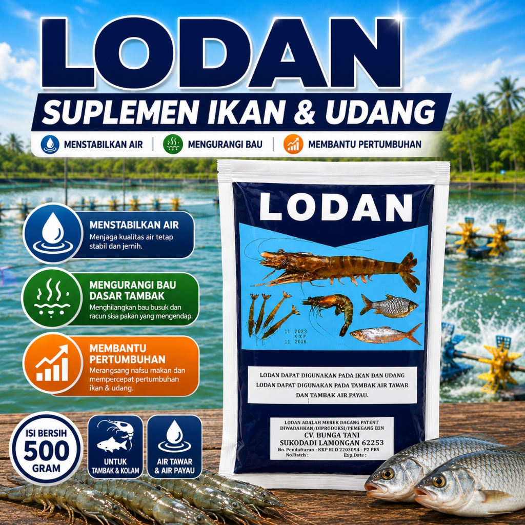 LODAN 500gr Suplemen Ikan Udang Obat Tambak Penetral Air Penghilang Bau Pemicu Molting Udang