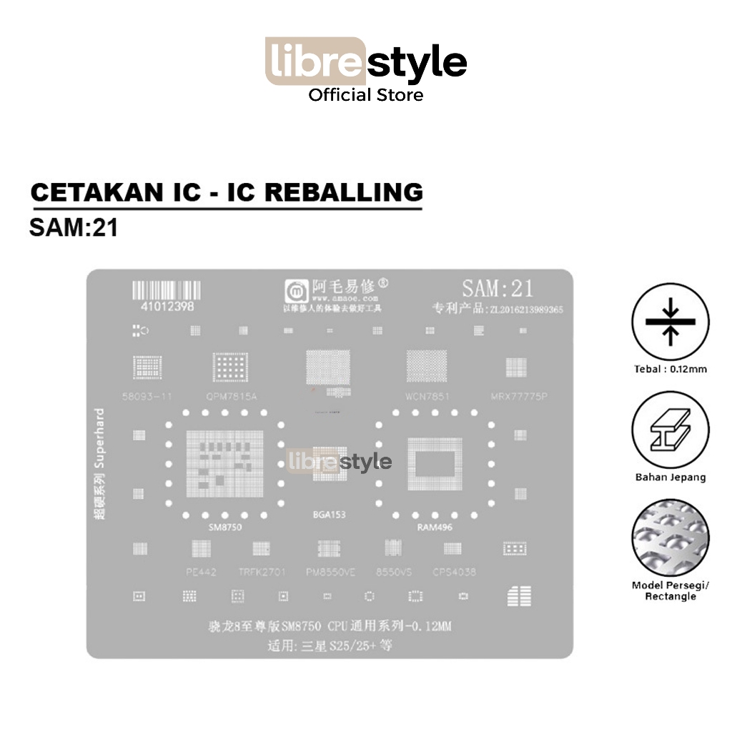 AMAOE STENCIL IC SAM21 SNAPDRAGON 8 ELITE SM8750 CPU UNIVERSAL 0.12MM - CETAKAN STENCIL AMAOE SAM:21