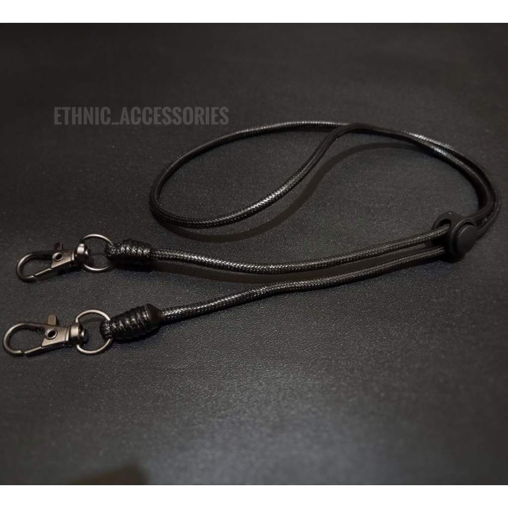 lanyard strap tali masker premium hitam adjustable slide pengait besi