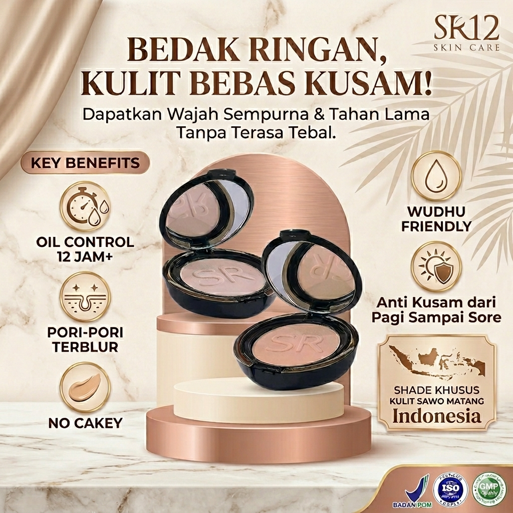 Bedak SR12 Padat Anti Kusam Oil Control Wudhu Friendly Blur Pori No Cakey Breathable Menutup Bekas J