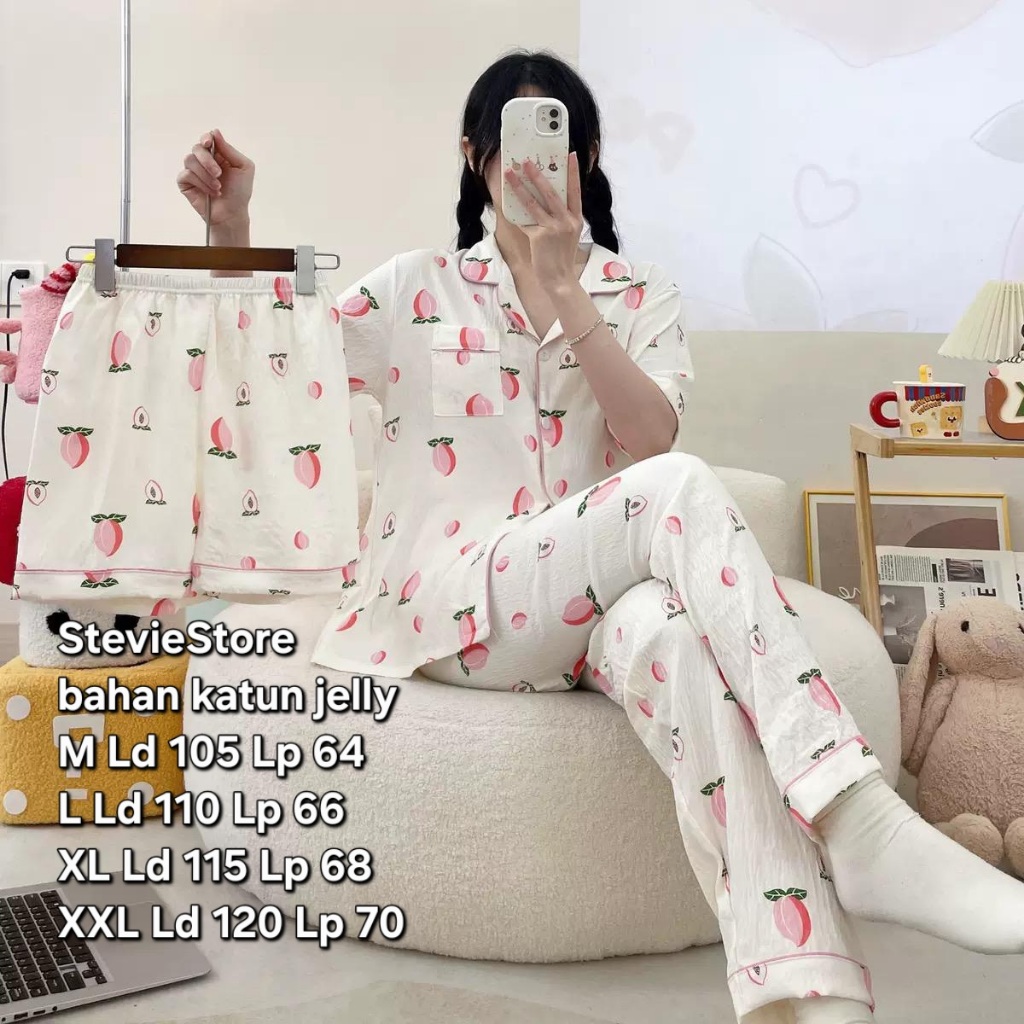 STV Baju Tidur Set 3in1 Piyama Premium Bahan Katun Sutra / Jelly / Kaos