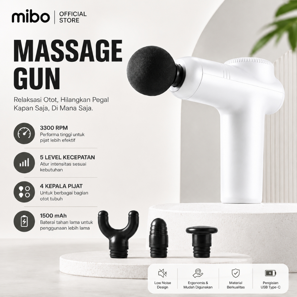 MIBO Massage Gun Elektrik Deep Tissue Alat Pijat Otot Pundak Punggung 4 Head