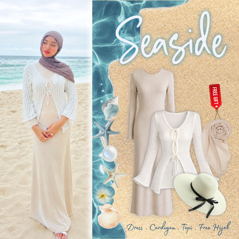 One Set Wanita Pantai Fit Body [ Dress, Cardigan Pantai, Topi, Free Hijab ] Outfit Pantai Viral NC96