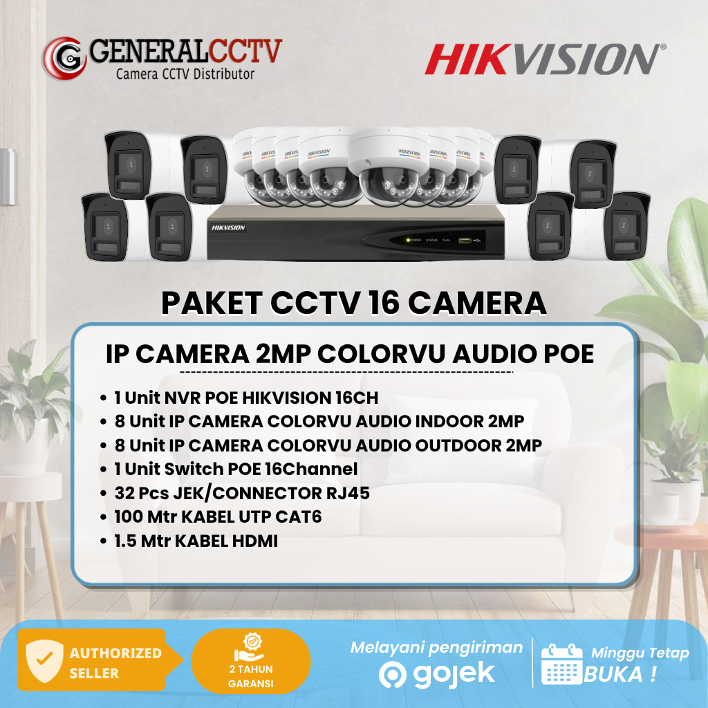 PAKET 16 IP KAMERA HIKVISION 2MP COLORVU AUDIO CAMERA POE