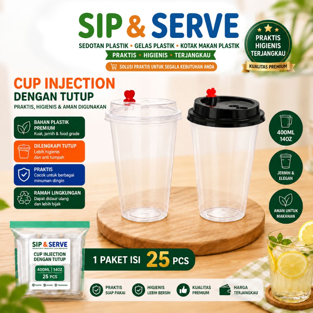 SIP&SERVE (25PCS) Gelas Plastik Injection 400ML Dengan Tutup Praktis Higienis Dan Aman Untuk Makanan