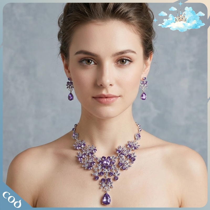 Set Aksesoris Bridal Kalung Anting Biru Ungu Putih Model Waterdrop Untuk Pesta Elegan Cantik