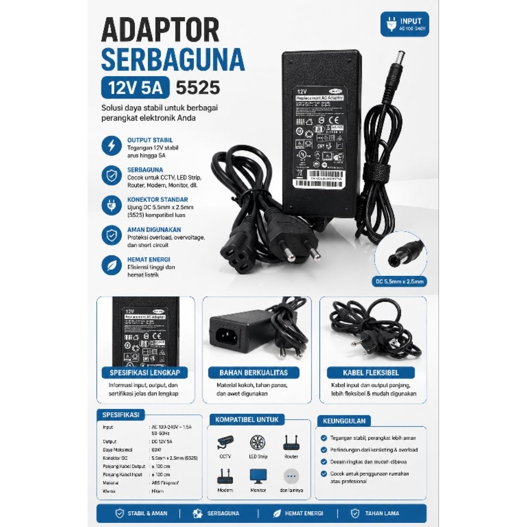 Adaptor sony adaptor 12volt 5amper untuk switching/DVR/CCTV 12v 5a