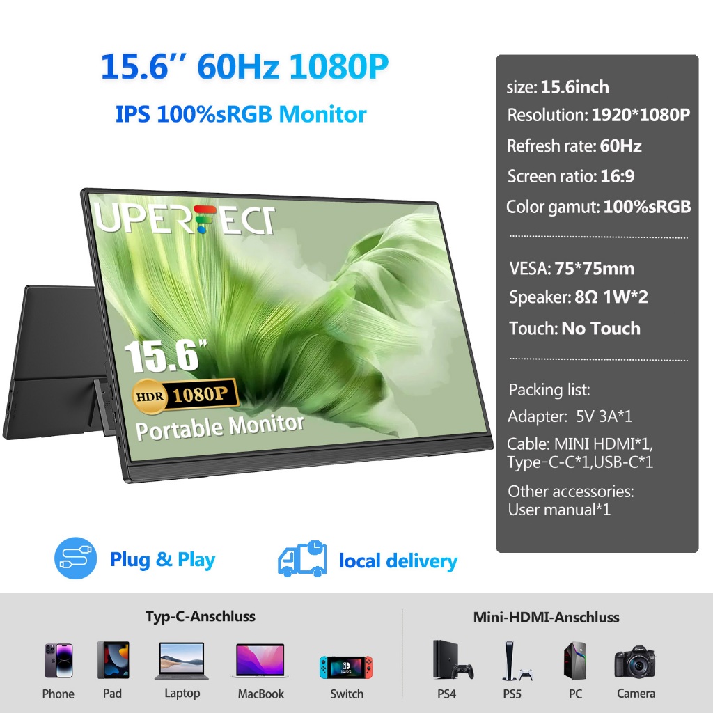 UPERFECT Portable Monitor for Laptop External Monitor  15.6inch  1080P 4K Full HD 1920*1080 IPS Gami