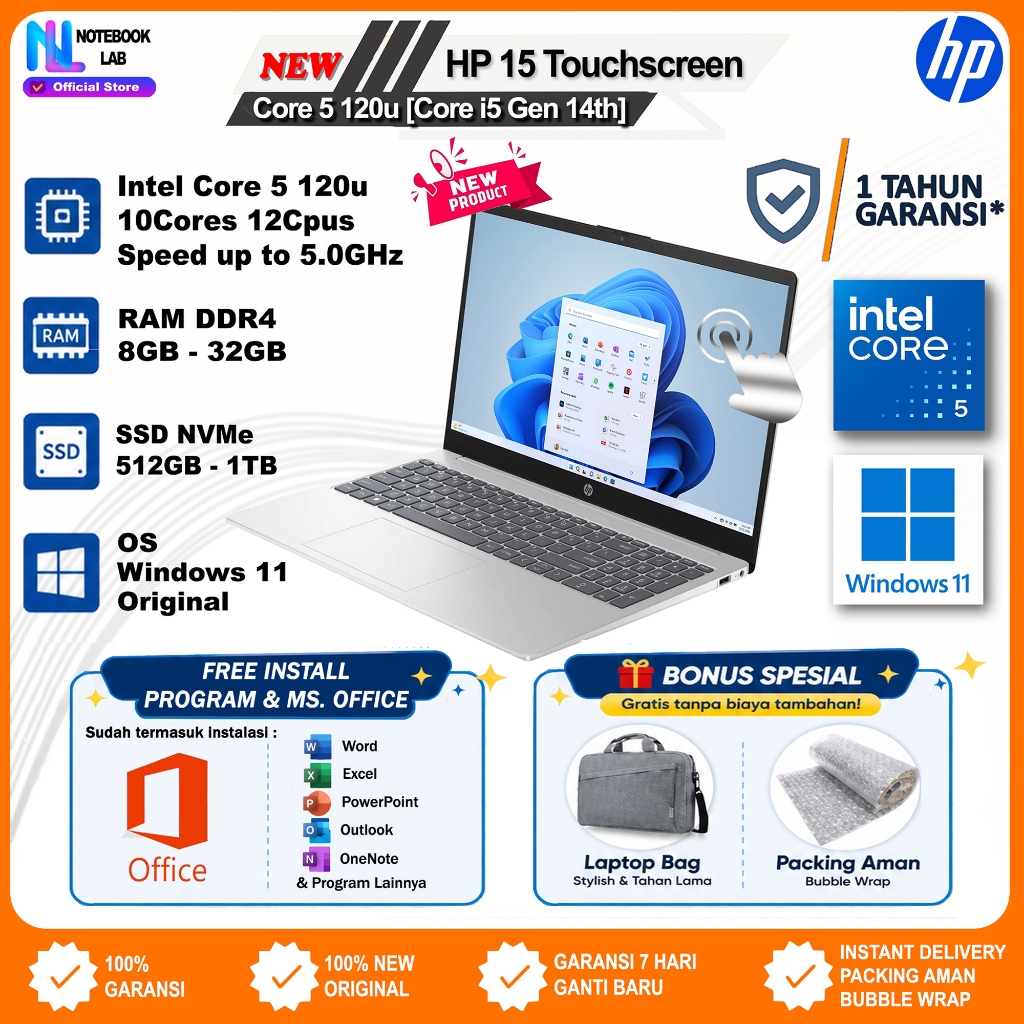 Laptop Touchscreen HP 15 Core 5 120u (Core i5 Gen 14) 8/512GB Windows 11 Ori