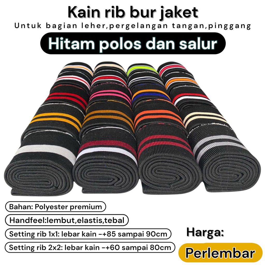 Eceran Kain Rib/bur rajut 1x1 2x2 Warna Hitam polos dan salur tebal poliester pe premium