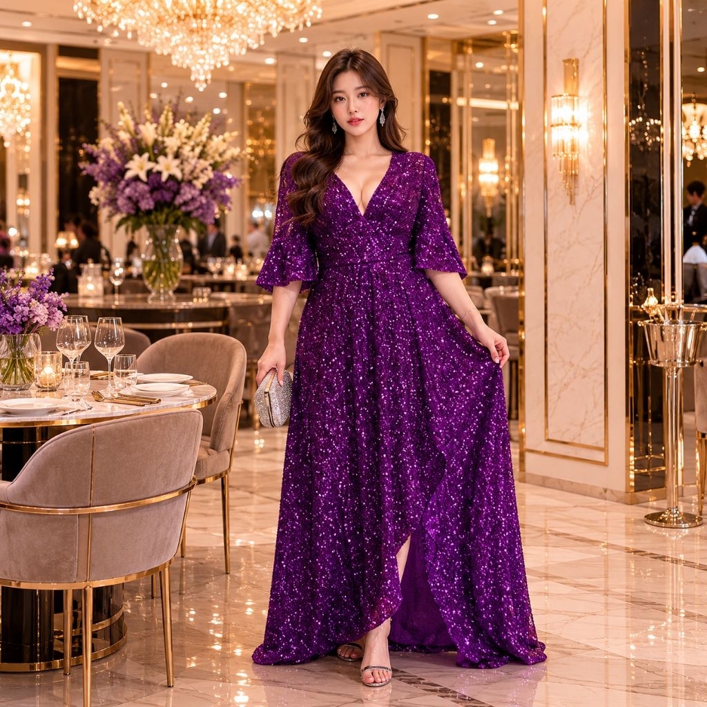 [READYSTOCK] “Dress Sequin Premium Ungu Dan Merah Gaun Pesta Elegant Big Size Friendly