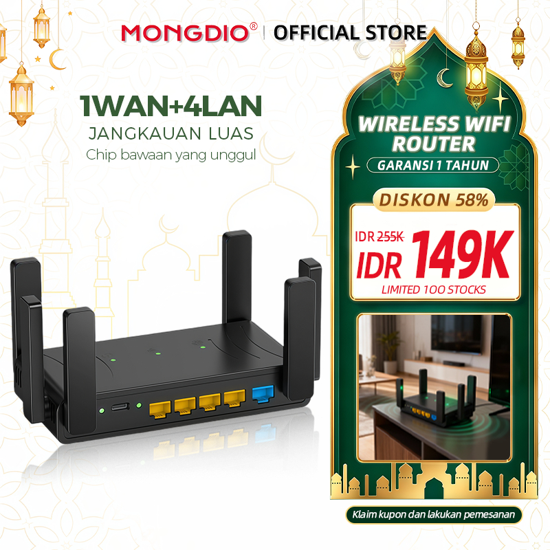 Mongdio Router WiFi 6 Antena Eksternal 4 LAN + 1 WAN Port 1200Mbps Signal Booster Penembus Tembok MT