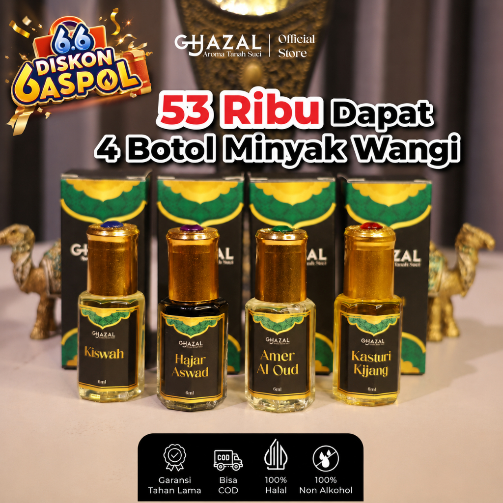 Ghazal Parfum - Paket 4 Aroma Mekkah, Kasturi Kijang, Amer Al Oud, Kiswah, Hajar Aswad Minyak Wangi 