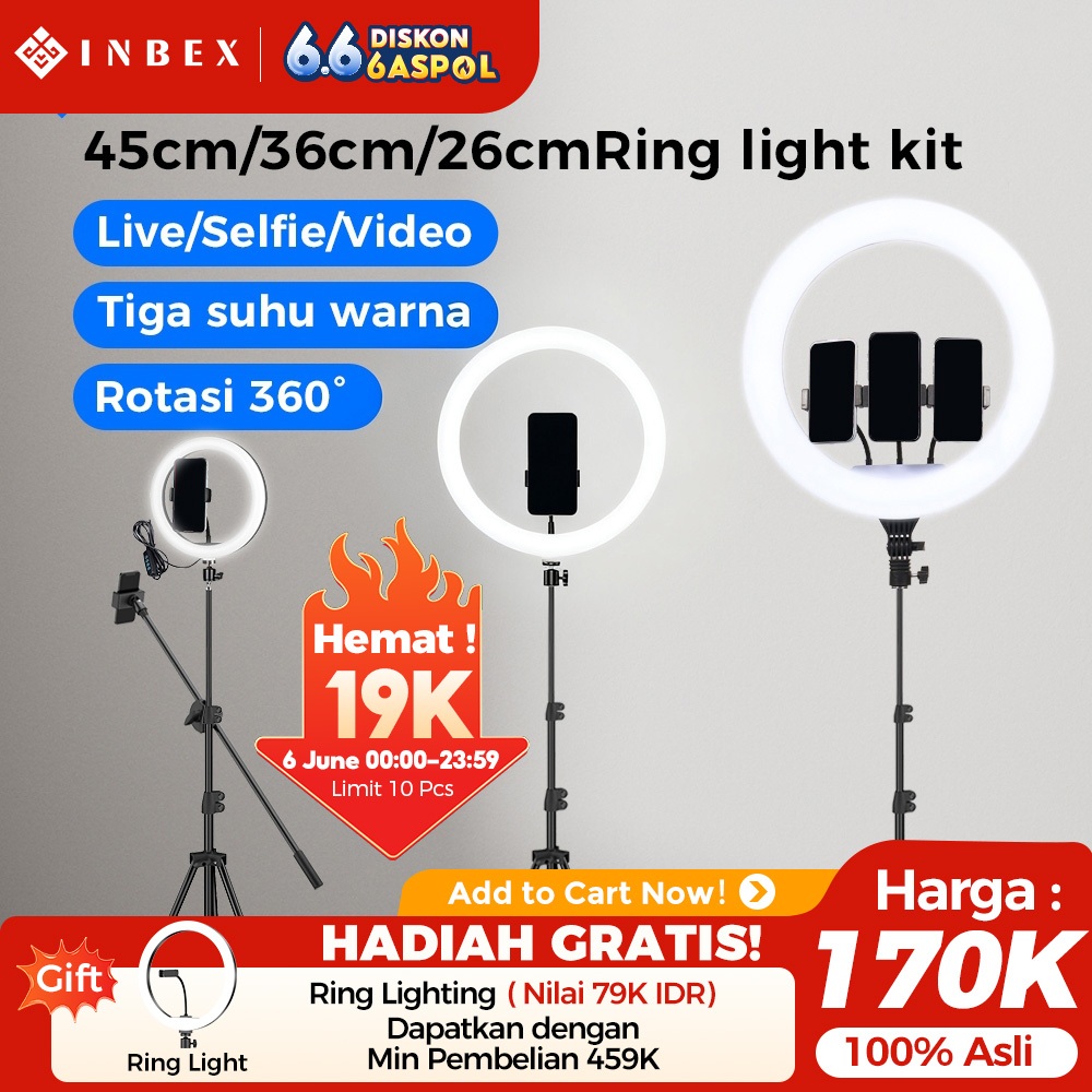 INBEX Ring Light Tripod Ukuran Besar 45cm/26cm Lampu Konten Kreator with 3 Holder HP Livestreaming L