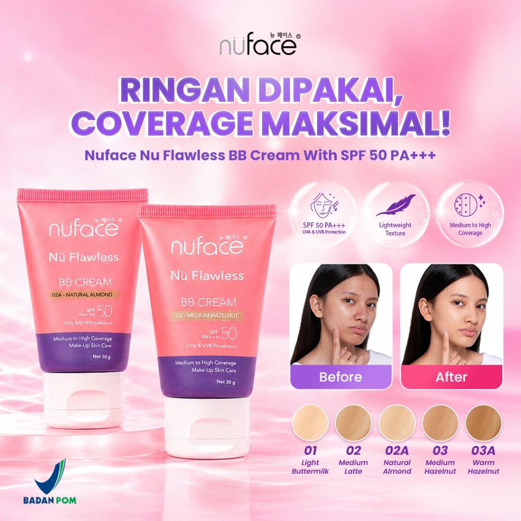 [NEW SHADES] Nuface Nu Flawless BB Cream 30gr | SPF 50 PA+++ | Natural | High Coverage | Base makeup