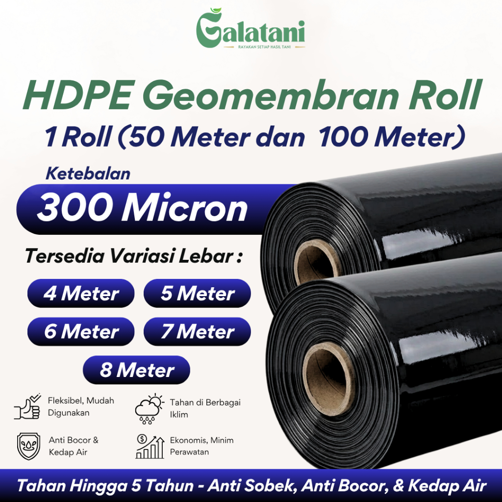 Plastik HDPE Geomembran 1 Roll Tebal 300 Mikron – Lebar 4 / 5 / 6 / 7 / 8 Meter