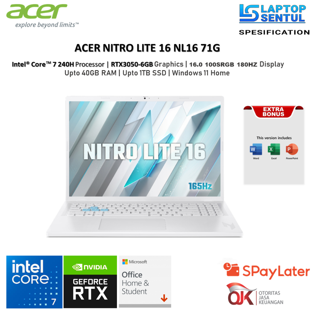 ACER Nitro Lite 16 NL16 71G RTX3050 6GB Intel Core 7 240H 32Gb 1TB SSD WUXGA IPS 180Hz 100sRGB Win11
