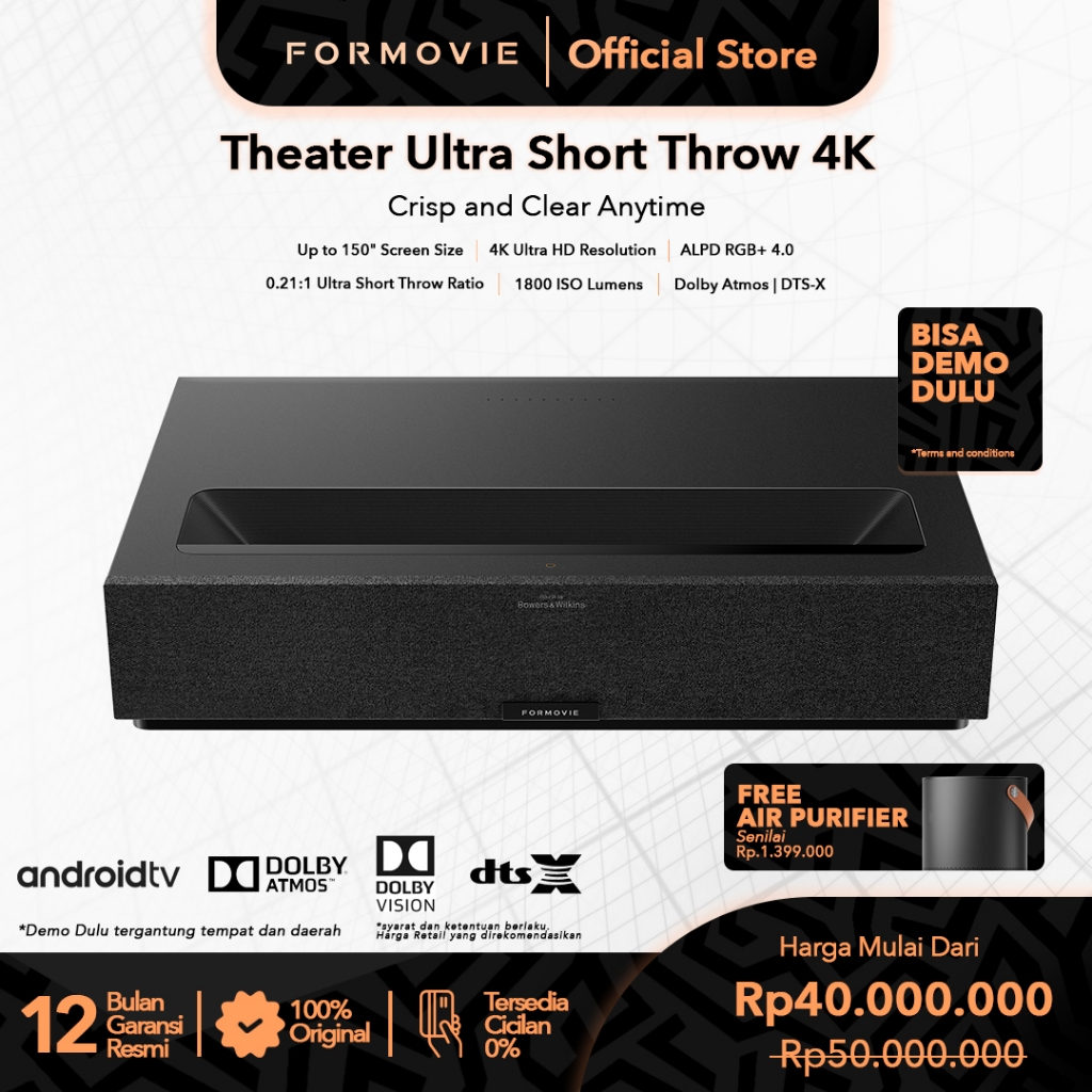 Formovie Theater Premium 4K UHD HDR10+ Smart Ultra Short Throw Projector 2200 ISO Lumens Proyektor X