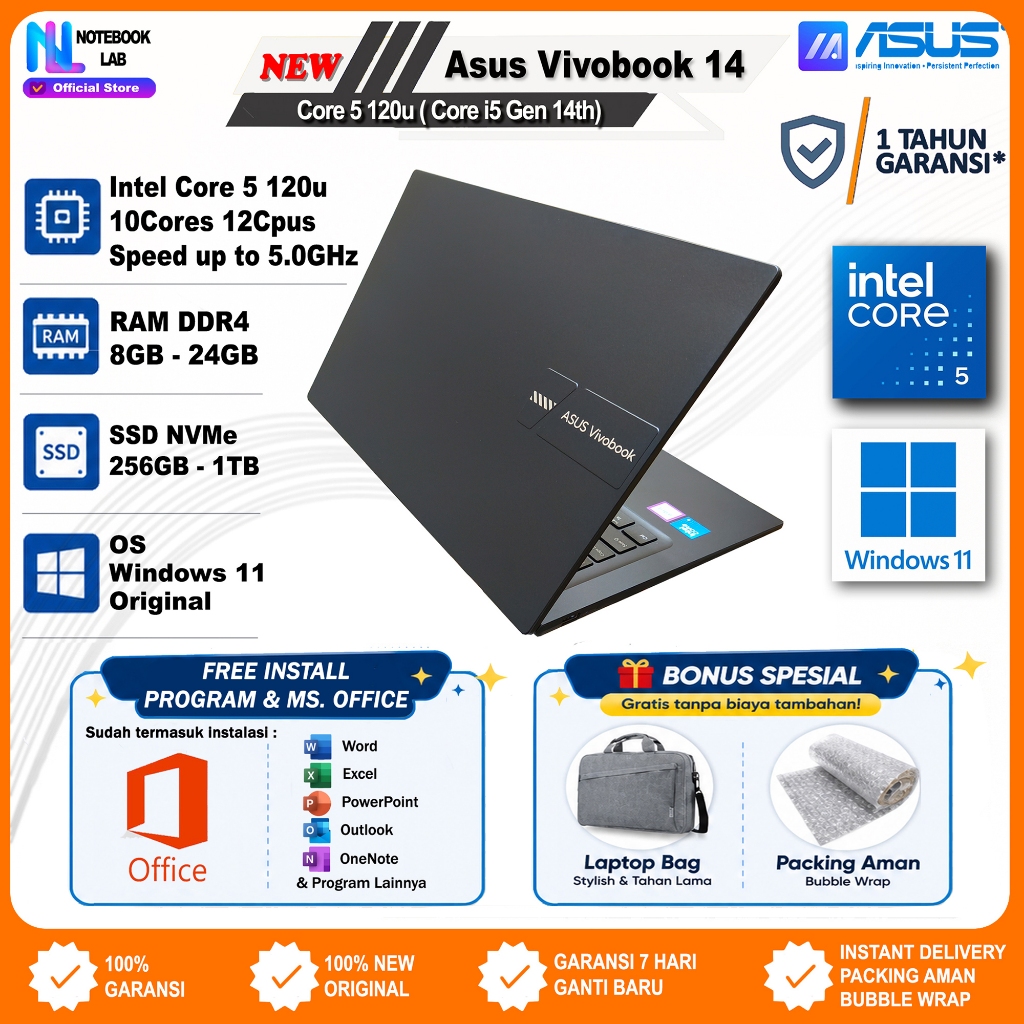 Laptop Asus Vivobook 14 Core i5 Gen 13 1334u | Core 5 120u Gen 14 Windows 11 Ori Garansi 1 Tahun