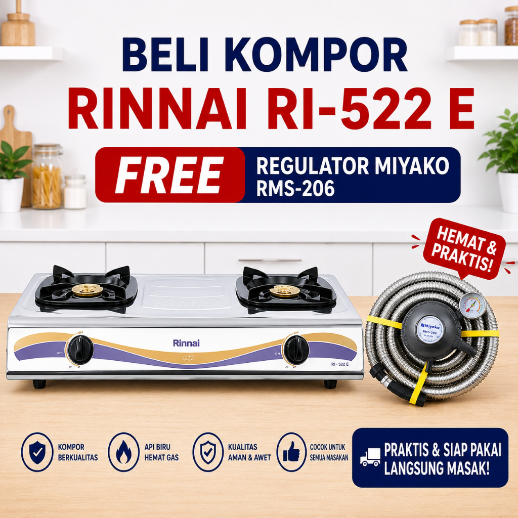 Nunungstore1 (Free Regulator) Rinnai Kompor 2 Tungku + Miyako Regulator Selang Stainless Steel Hemat