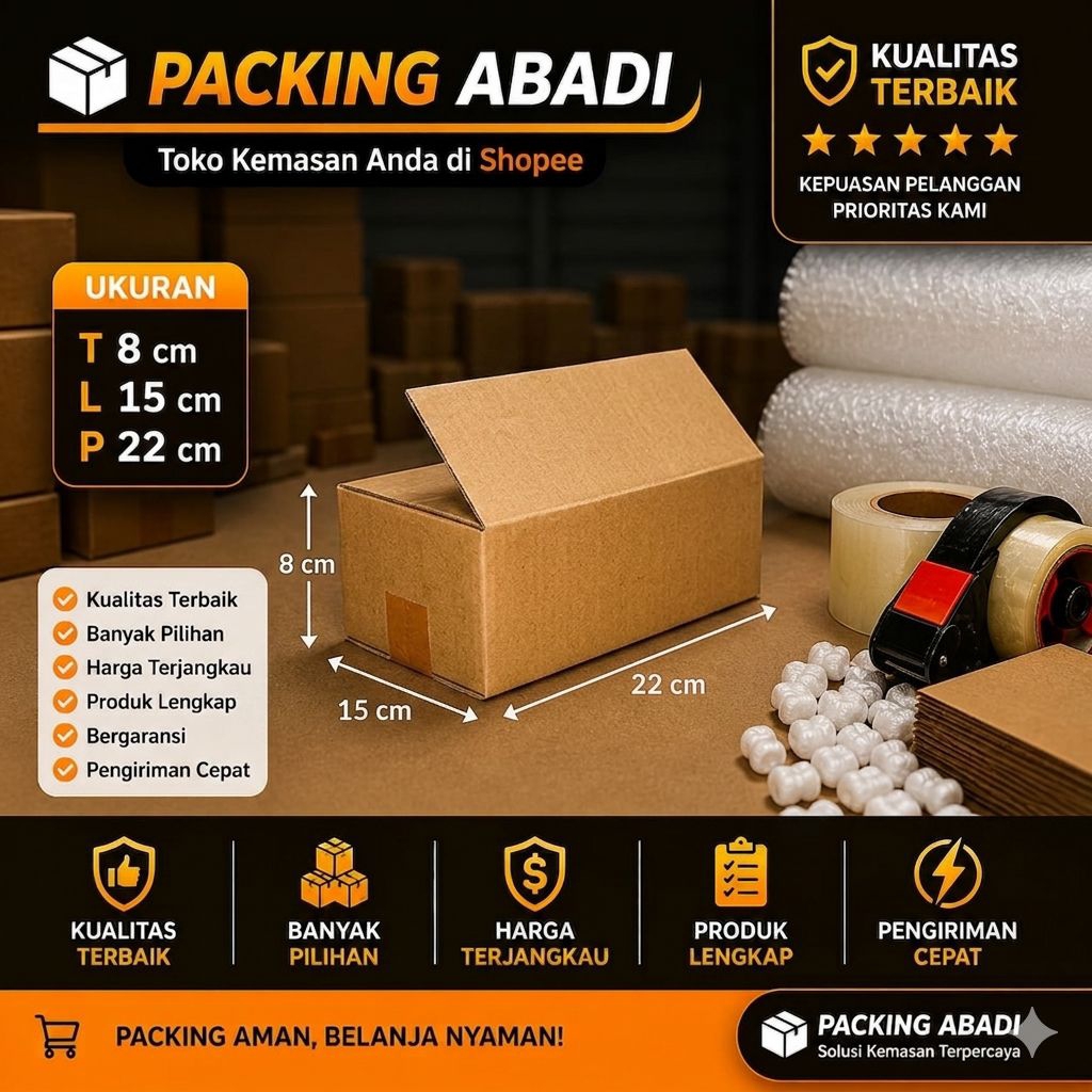 Kardus Box Packing Polos 22x15x8cm - Corrugated Single Wall Premium, Warna Coklat, Polos