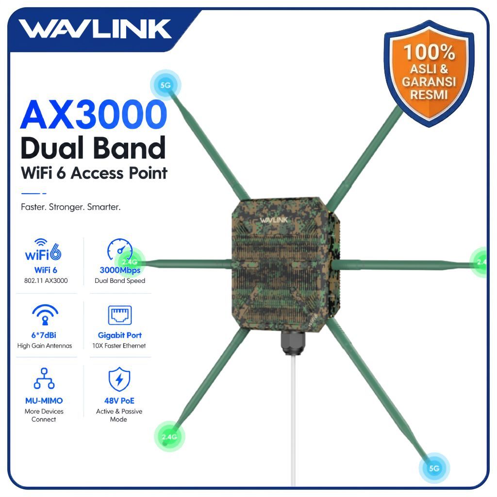 WAVLINK Outdoor WiFi 6 Router AX3000 IP67 Tahan Air 6x7dBi Antena Omni 360 Derajat PoE Mesh untuk Lu