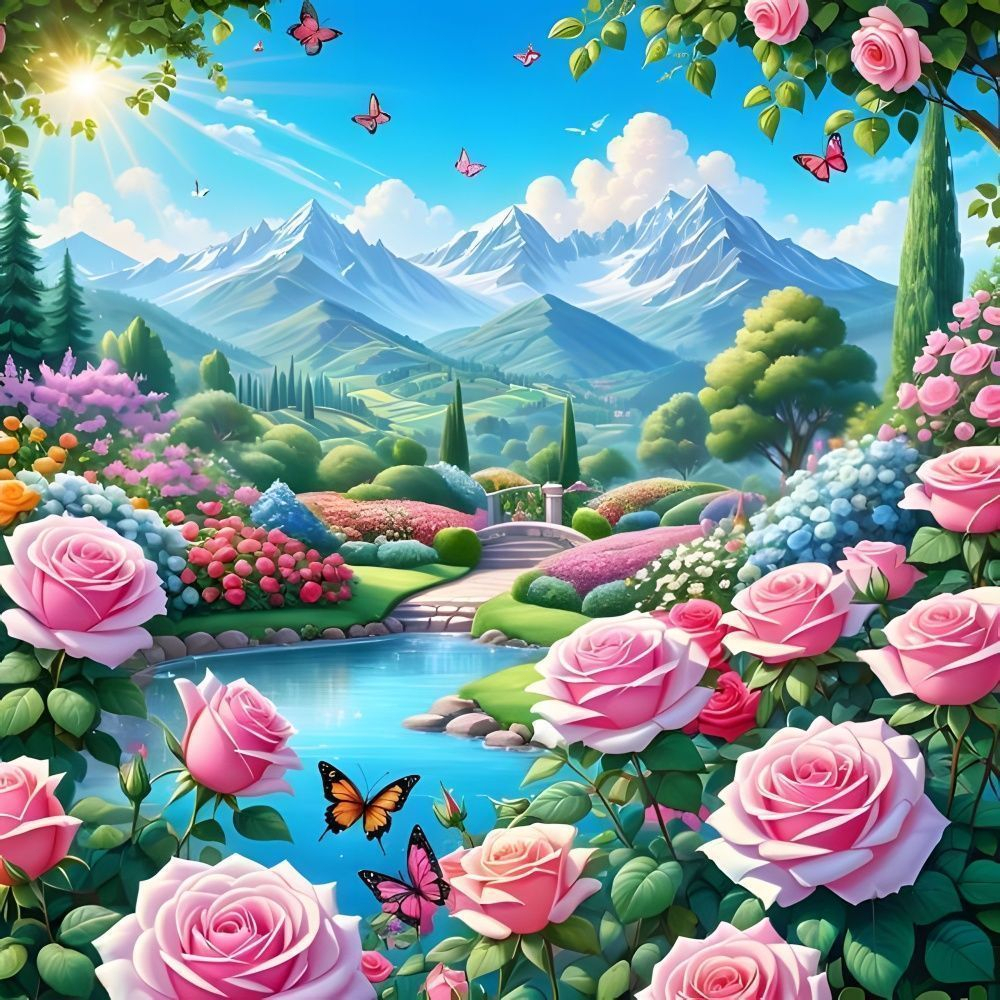 Kain latar belakang gambar pemandangan danau dan pegunungan dengan bunga peony yang cantik dan pepoh