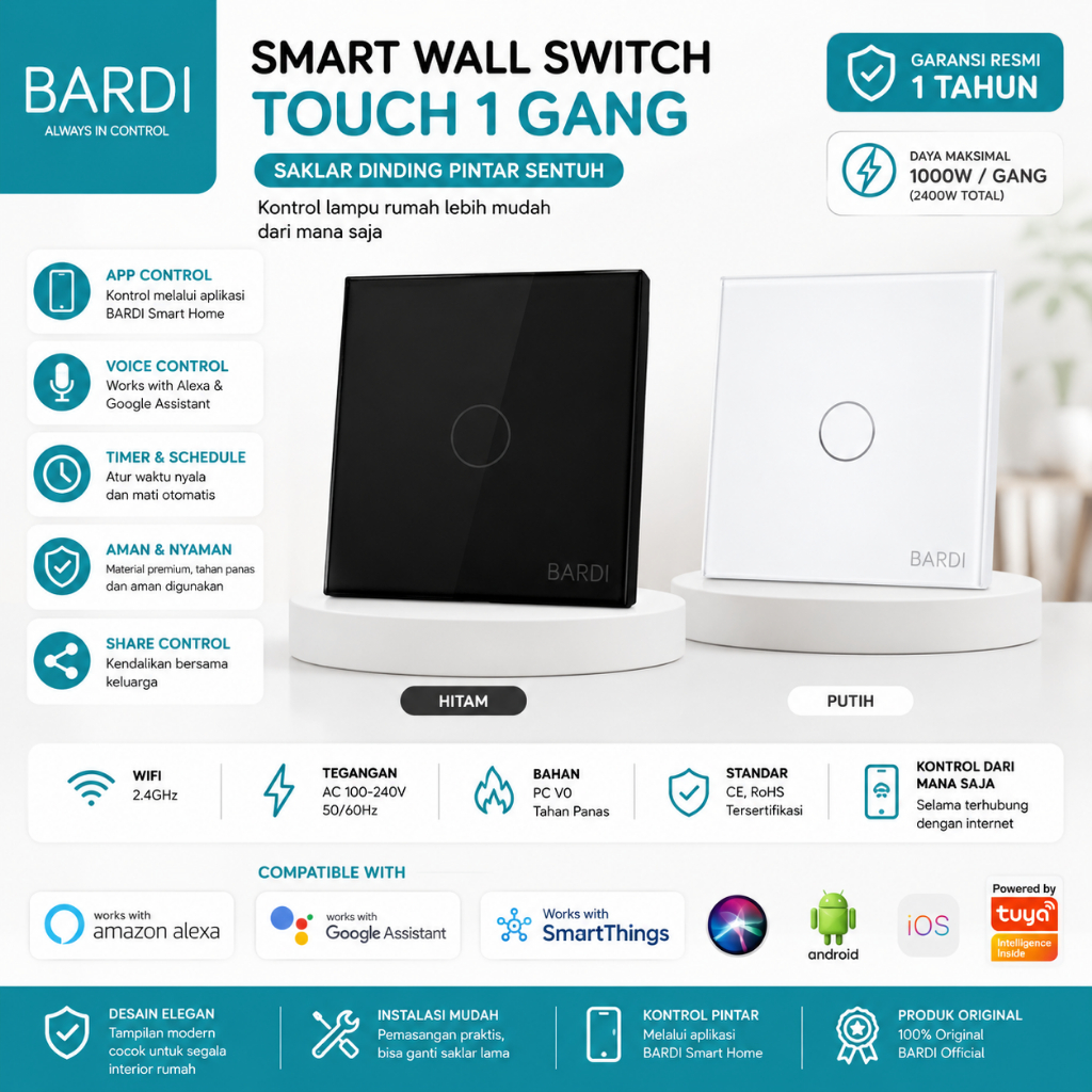 BARDI Smart Switch 1 Gang WiFi Saklar Lampu Touch Black