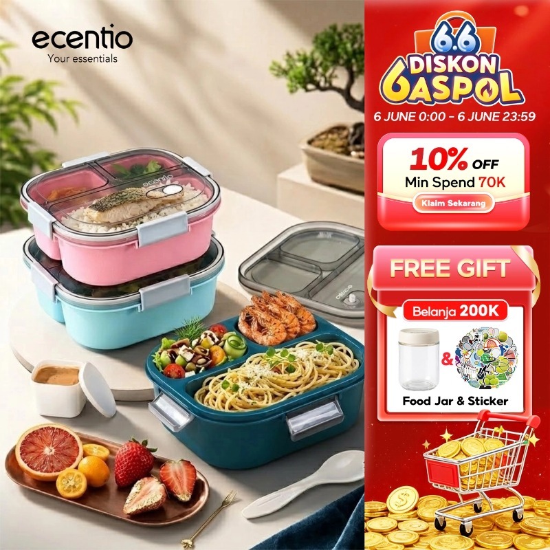 [Versi 2.0] ecentio kotak makan anti tumpah lunch box 3 grid 1100ml tempat makan kotak sup 100ml Fre